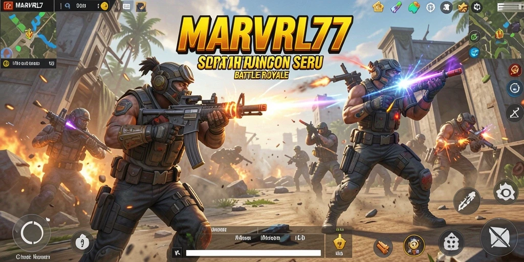 Screenshot menampilkan aksi pertarungan seru dalam MARVRL77 Battle Royale.