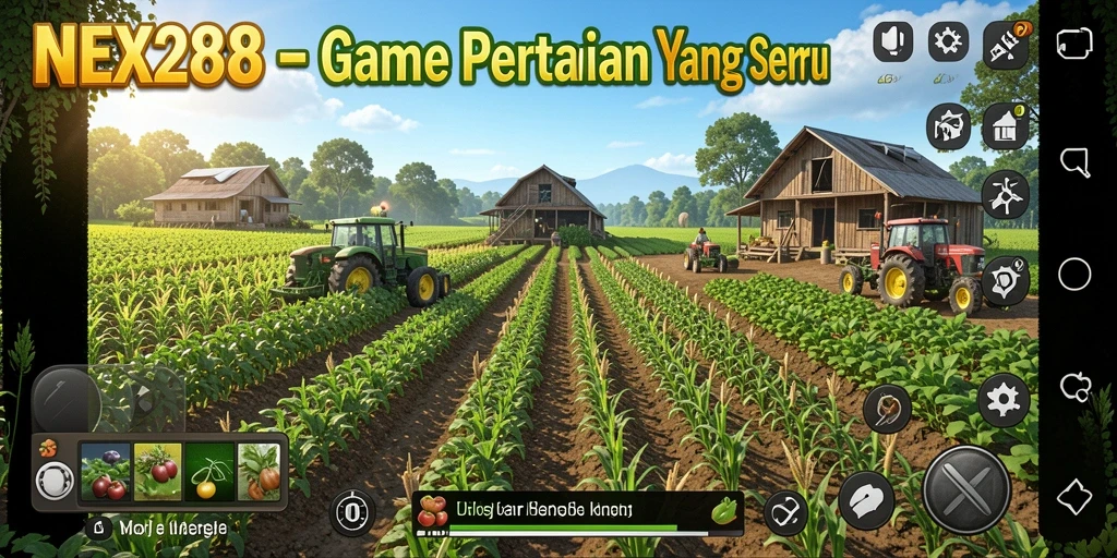 Tampilan gameplay NEX288 menampilkan ladang yang subur dan beragam aktivitas pertanian.